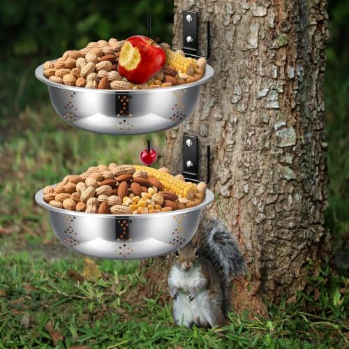 Squirrel Feeders for Outside, Metal Durable Bowl Tree Mounted of Chipmunk Feeder, Squirrel Food for Backyard Squirrels Hold Corn, Corn Cob, Peanuts (8.5Inch - 2 Stand 2 Bowl