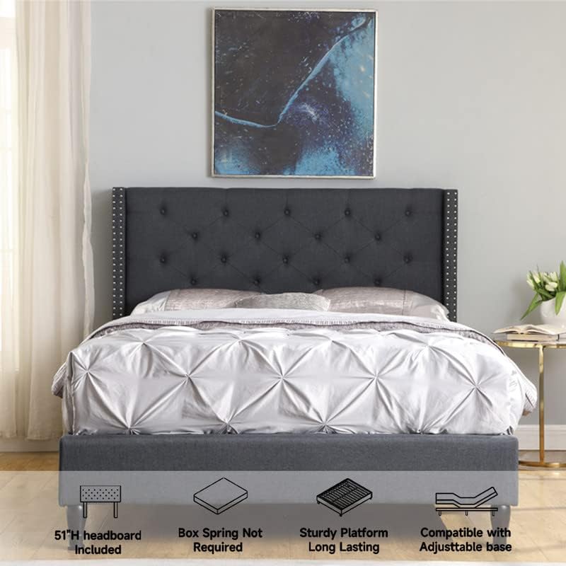 King Upholstered Platform Bed Frame with 51" Tall Headboard - Button Tufted Cloth Bed - Wood Slat Support with Storage Space - No Box Spring Needed - Easy Assembly - Blue - Oliver & Smith - Astor