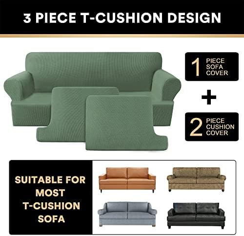 PrinceDeco T Cushion Loveseat Slipcover 3 Pieces Sofa Covers for T Cushion Sofa Stretch Slip Covers for 2 Cushion Couch with 2 Individual T Shape Seat Covers Width Up to 76", Loden Frost