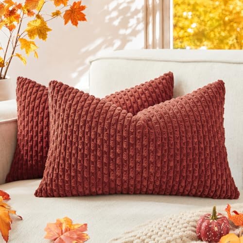 Kevin Textile Soft Corduroy 12"x20" Lumbar Pillow Covers 2 Pack Burnt Brick