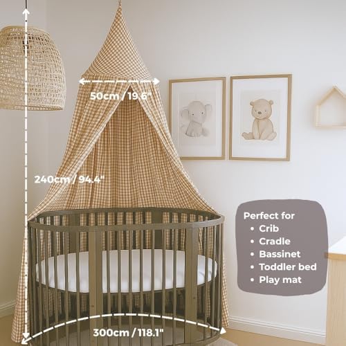 Wonder Space Kids Bed Canopy - Neutral Beige Gingham Checkered Design for Nurseries | Soft Cotton Decorative Tent for Baby Cribs & Toddler Beds | Perfect for Reading Nook or Play Area