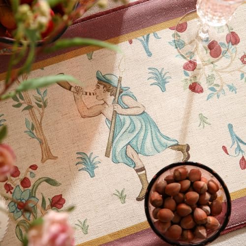 patdrea Designer Idyll Linen Table Runner, Vintage Beige Farmhouse with Ancient Spring Figure and Fruit Trees Pattern Table Mat, Decoration for Kitchen Dining Banquet Christmas ,12"*87"