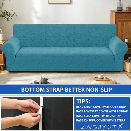 ZNSAYOTX Stretch Couch Cover, 1 Piece Oversized Sofa Covers for 3 Cushion Couch, Jacquard Sofa Slipcovers with Elastic Bottom Thickened Furniture Protector for Dog Cat Pet (X-Large, Peacock Blue)
