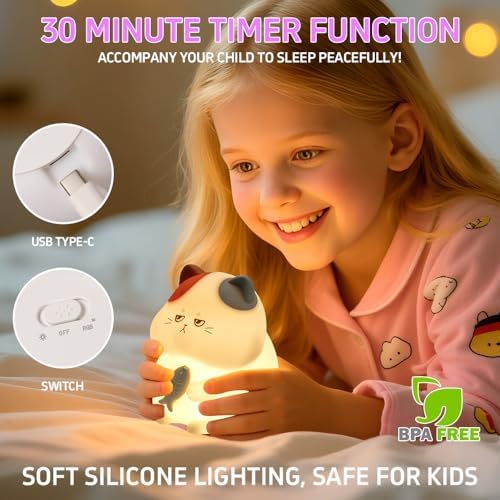 Cat Night Light, LED Squishy Animal Night Lamp Rechargeable, Novelty Nursery Lamp Nightlight, 7 Colors with 3 Levels Dimmable/Timmer Touch Lamp for Bedroom, Home Decor Cute Gifts for Girls Boys Adults