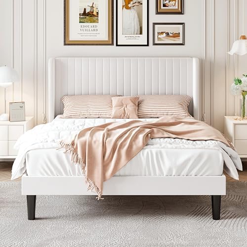 SHA CERLIN Queen Size Velvet Bed Frame, Tufted Wingback Headboard, White