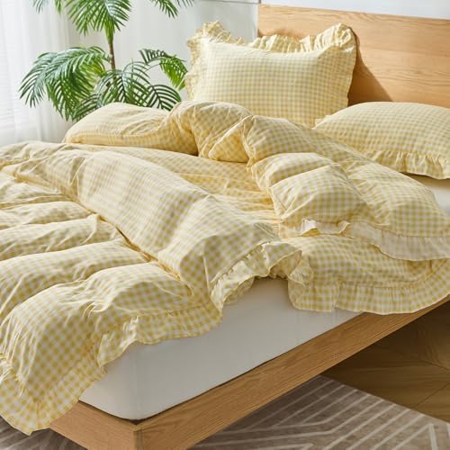 Gingham Duvet Cover King Size, 3 Pieces Soft Breathable Microfiber Plaid Duvet Cover with Zipper Closure & 2 Pillow Shams, Ruffle Farmhouse Vintage Decor, Yellow