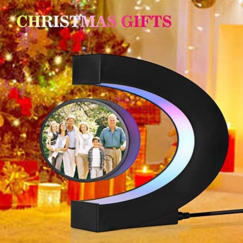 Magnetic Levitating Floating Photo Frame with Colourful LED Light Rotating Levitation Picture Frame Display for Room Decor, Creative Gifts (C-Shaped)