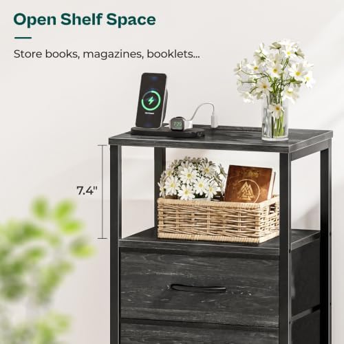 Huuger Nightstand with Charging Station, Side Table with Fabric Drawers