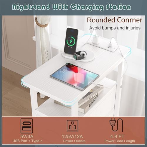 Sthmec End Table with Charging Station,Narrow Side Tables with USB Ports and Outlets,Skinny Bedside Tables with 3 Drawers,Small Tables Nightstands for Small Space,Slim Sofa Table for Livingroom, White