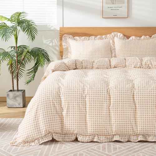 Gingham Duvet Cover, Queen Size, Beige, 3 Pieces