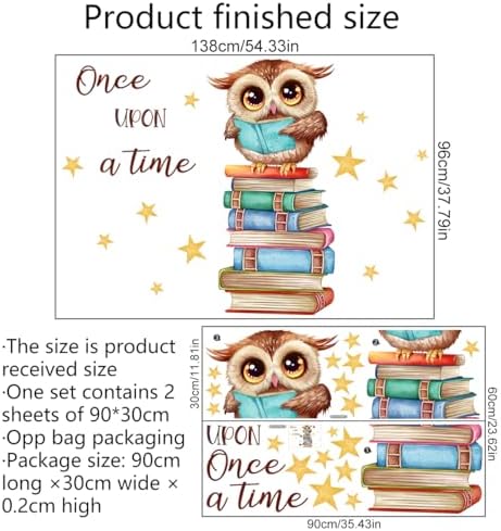 Owl Books Educational Wall Decals Reading Corner Wall Stickers for Classroom Kids Bedroom Preschool Wall Decor