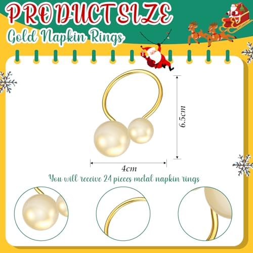 Sliner 24 Pcs Pearl Napkin Rings, Gold Table Napkin Holder Buckles for Dinning Table Setting Christmas Wedding Party Supplies