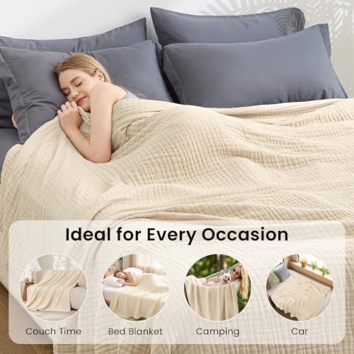 Love's cabin 100% Cotton Muslin Blanket King Size for Bed, Beige