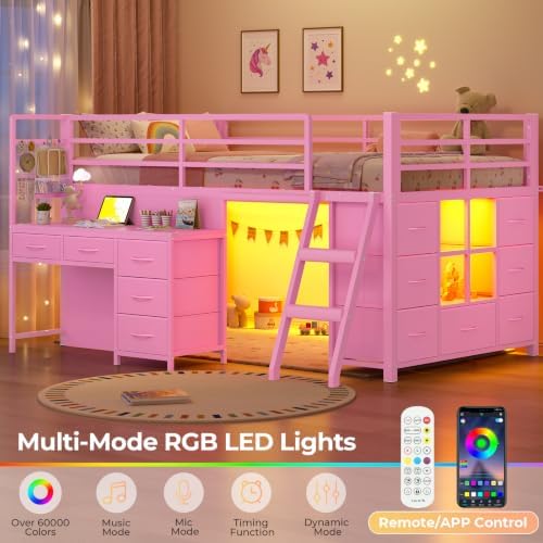 Low Loft Bed Twin Size with Desk, 12 Storage Drawers, Window, Pink