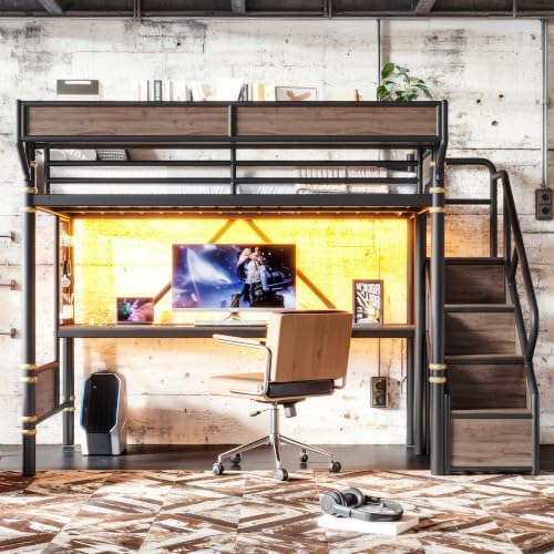 Bellemave Twin Metal Loft Bed with Stairs and Desk for Kids,Adults,Black