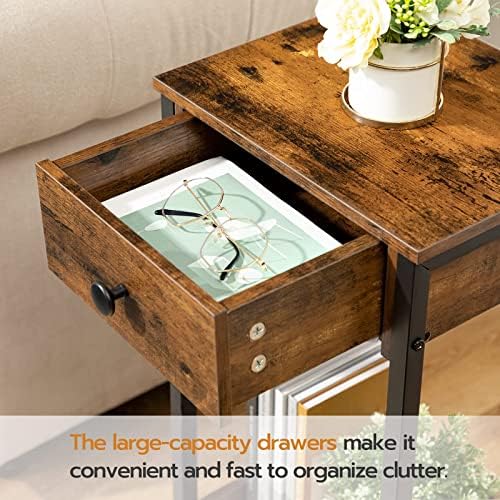 HOOBRO Tall End Table, Industrial Side Table with Drawer and Storage Shelf