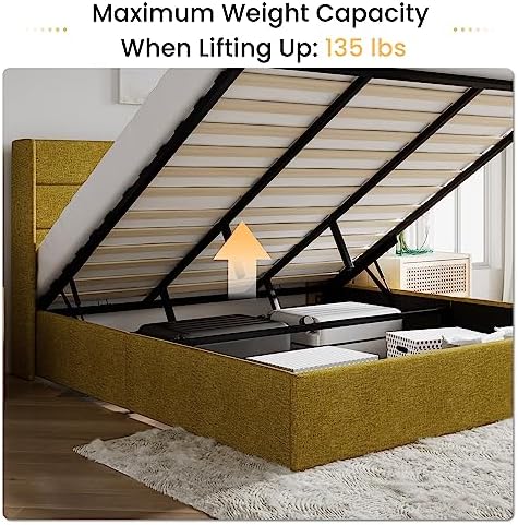 SHA CERLIN King Size Lift Up Hydraulic Storage Bed Frame Olive Yellow