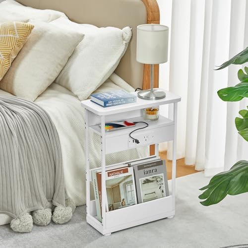Narrow Side Table with Charging Station Small Spaces Narrow End Table