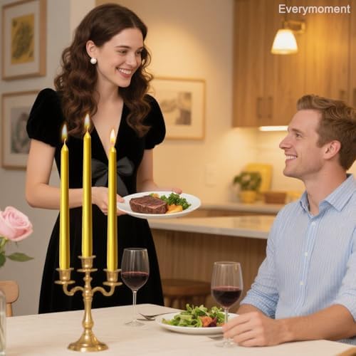 Everymoment Gold Taper Candles - 12 Pack 10 Inch Candlesticks - Dripless & Smokeless for 8 Hours - Unscented Paraffin Wax - Ideal for Wedding Christmas Anniversary New Year's Eve & Luxury Decor