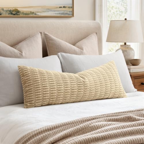 MIULEE Lumbar Corduroy Throw Pillow Cover for Bed 14x36 Tan
