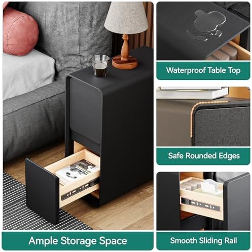7.8" W Leather Narrow Nightstand Set of 2, Modern Fully-Assembled Bedside Table with 2 Drawers, White Night Stand Small Accent End Table & Side Table for Bedroom, Black