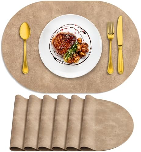 ADRIMER Oval Placemats Set of 6, Wipeable Faux Leather, Apricot