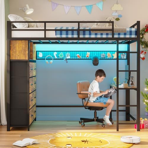 ADORNEVE Twin Size Loft Bed with Desk and 8 Storage Drawers, Rustic Brown