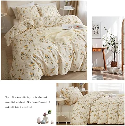 mixinni Aesthetic Floral Duvet Cover Set Queen Size, Farmhouse Boho Yellow Flowers Leaves Cute Bedding Set for Women, 1 Soft Cotton Chic Duver Cover and 2 Pillowcases for All Seasons-Queen Size
