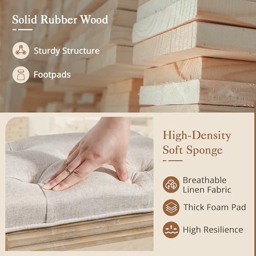 LUE BONA Upholstered Fabric Vanity Bench Seat, Makeup Stools for Vanity, Square Tufted Ottoman Bench with Carved Wood Color Legs for Bedroom Living Room, Linen Color
