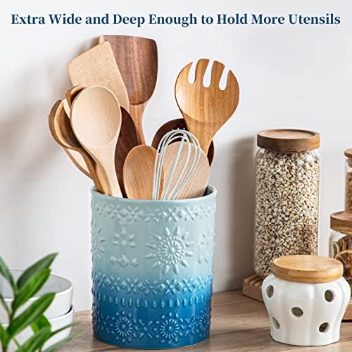 LOVECASA 7.2" Extra Large Ceramic Utensil Holder, Farmhouse Crock, Blue