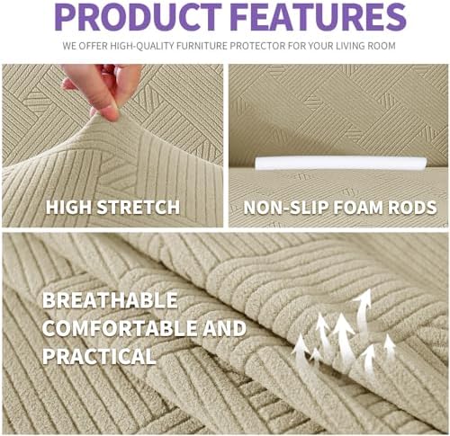 ZNSAYOTX Super Stretch Loveseat Covers (57"-70"), New Striped Love Seat Slipcover, Dogs Pet Friendly Anti-Slip Couch Protector Spandex Durable 2 Seater Fabric Sofa Cover (Khaki, Loveseat)