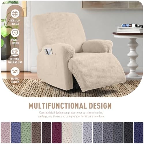 KinCam Recliner Chair Covers, Stretch Reclining Cover, Vanilla