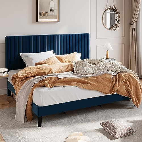 SHA CERLIN King Upholstered Platform Bed Frame with Vertical Channel Tufted Velvet Fabric Adjustable Headboard, Wooden Slats Support, Mattress Foundation, Box Spring Optional, Blue