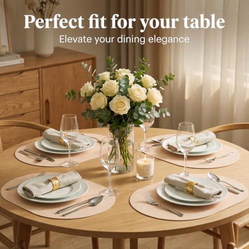 Oval Placemats Set of 4, Wipeable Faux Leather, Beige