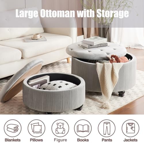 29'' & 24.5'' Round Storage Ottoman Coffee Table Set of 2, Light Gray