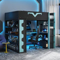 Merax Full Size Loft Bed with Desk & RGB Lights, Wooden Pro-Gamer Bed with Power Outlet, Large Bookshelf, Pegboard, Keyboard Tray & Storage Drawer