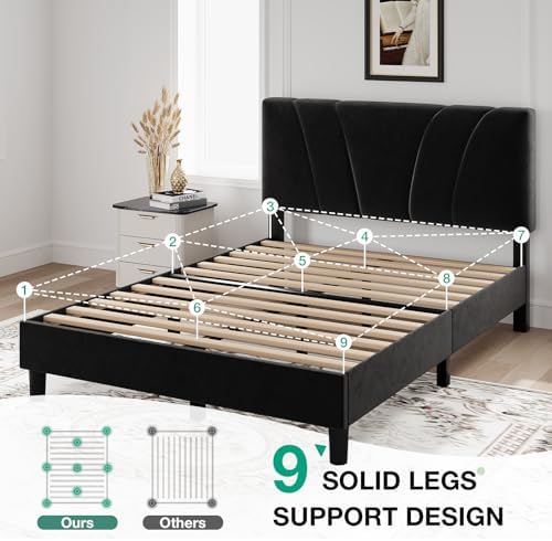 Novilla Full Size Bed Frame with Headboard, Full Bed Frame with Wooden Slats Support, Velvet Upholstered Headboard, No Box Spring Needed, Heavy Duty Feet, Easy Assembly, Black Velvet