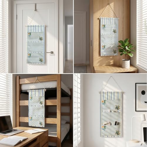 IAXIC Canvas Wall Hanging Organizer with Pockets Fish Extender Hanging Pouch Sea Turtle Stripe Door Closet Organizers Fabric Storage Pockets Wall Decoration