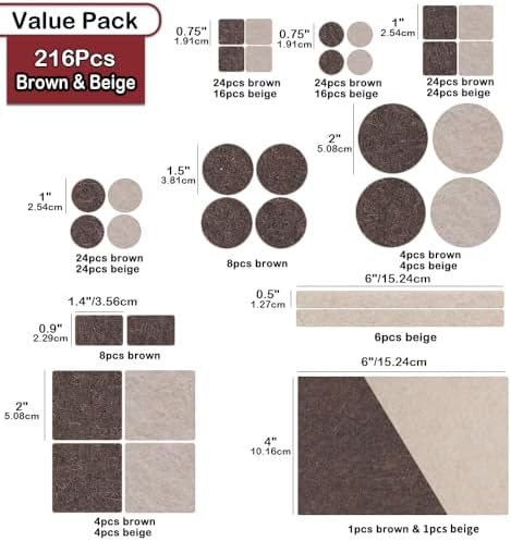 Yelanon Felt Furniture Pads for Hardwood Floors -216 Pcs Premium Felt Pads for Chair Legs, Floor Protectors for Furniture, Beige & Brown (Pack of 2)