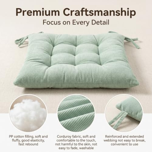 HLOVME Corduroy Chair Cushion with Ties Ultra Soft Warm Floor Cushion for Kids Reading Nook Comfortable Square Seat Cushion for Adult 15.7”x15.7” Set of 2, Green