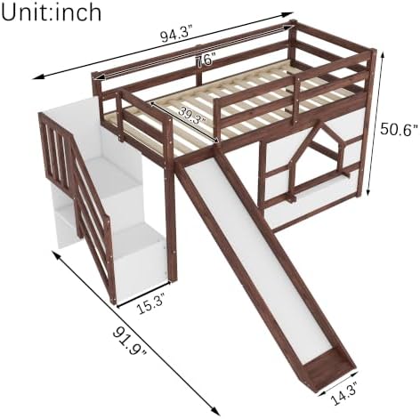 Bellemave Twin Low loft/bunk Bed with Slide and Storage Staircase LED for Kids,Wood Loft Beds,Walnut+White