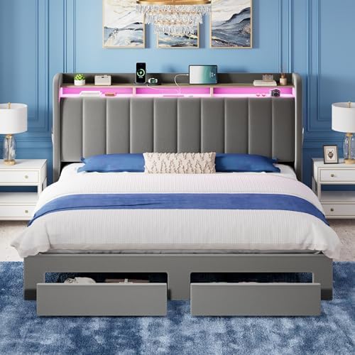 Allewie King Size Bed Frame with 2-Tier Storage Headboard & 2 Large Drawers