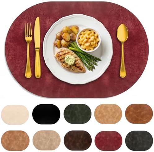Oval Placemats Set of 6, Wipeable Faux Leather, Wine Red