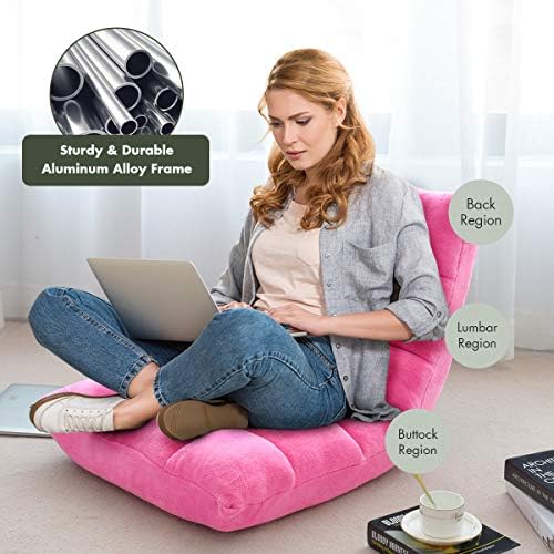 S AFSTAR Cushioned Floor Chair, 14-Position Adjustable Padded Lazy Recliner with Comfortable Back Support and Skin-Friendly Cover, Great for Reading, Playing Game, Meditating (Delightful Pink)