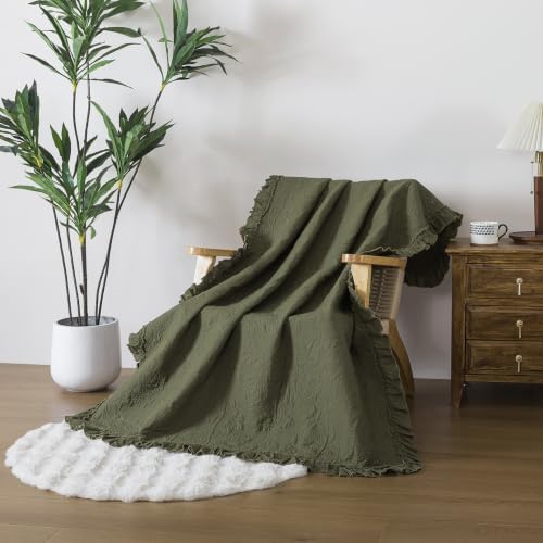 Brandream Olive Green Ruffled Quilted Throw Blanket Cotton 47 X 60 Blanket