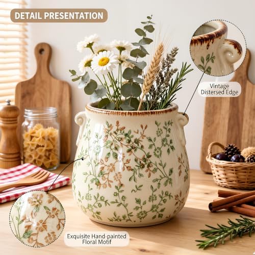 Rustic Ceramic Utensil Holder, Green Floral Farmhouse Counter Crock