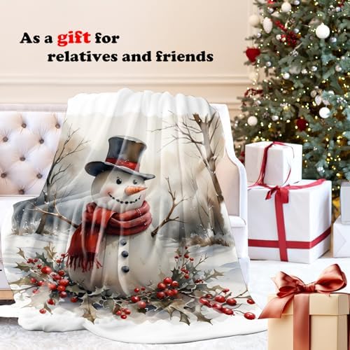 Christmas Snowman Throw Blanket for Couch, Rustic Christmas Decor, Vintage Red Xmas Snowman Winter Holiday Throw Blanket for Bedroom Living Room Home Decoration, 50x60 Inches