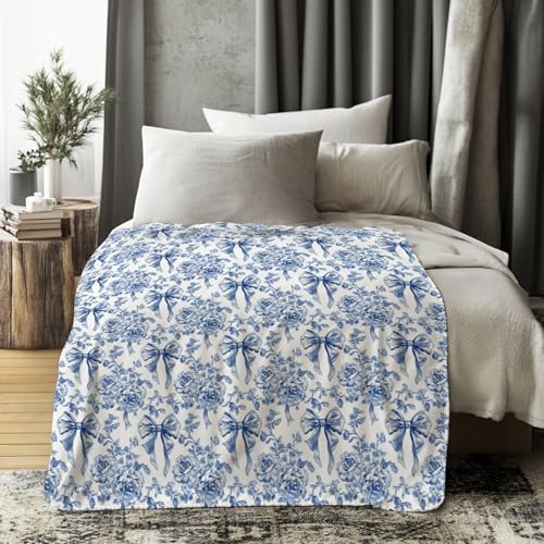 Coquette Bow Floral Blanket, Blue and White Chinoiserie Flower Decorative Throw Blanket for Couch Bed Sofa, Grandmillennial Throw Blankets for Living Room Bedroom Decor, 50x60 Inches