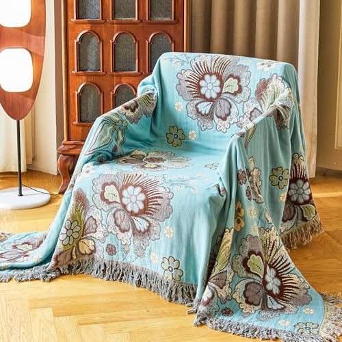 VANJOROY Boho Throw Blanket 60" x 80", 100% Organic Cotton Breathable Skin-Friendly Ultra Soft Bed Quilt Blue Throw - Floral Rustic Decor Luxury Reversible Blanket for Sofa Couch Chair and Gift,