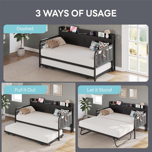 LIKIMIO Twin Daybed with Pop Up Trundle & Charging Station & Storage Shelf
